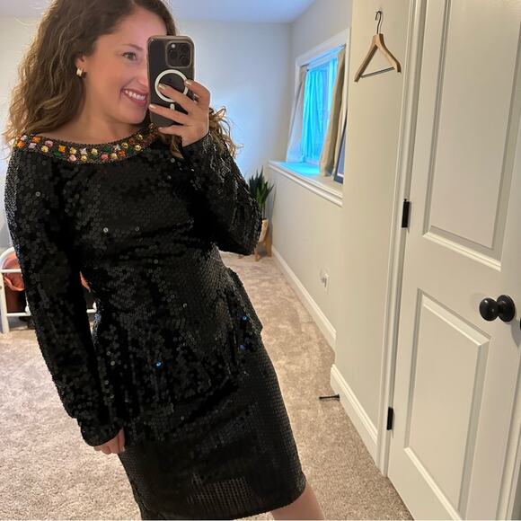 Vintage Swee Lo Black Gem Sequin Long Sleeve Mini Dress Medium - Picture 3 of 11